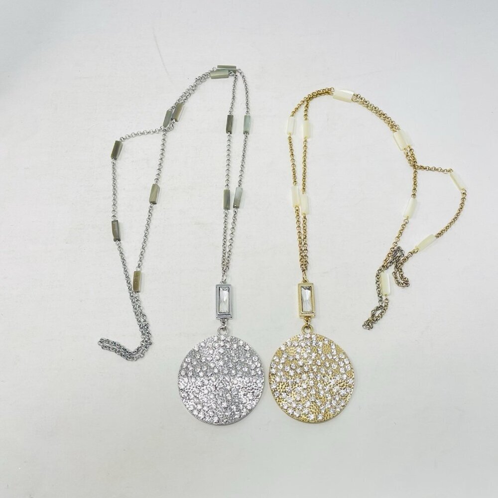 Unbranded Lot of 2 Silver and Gold Tone Statement Necklaces Rhinestone Pendants